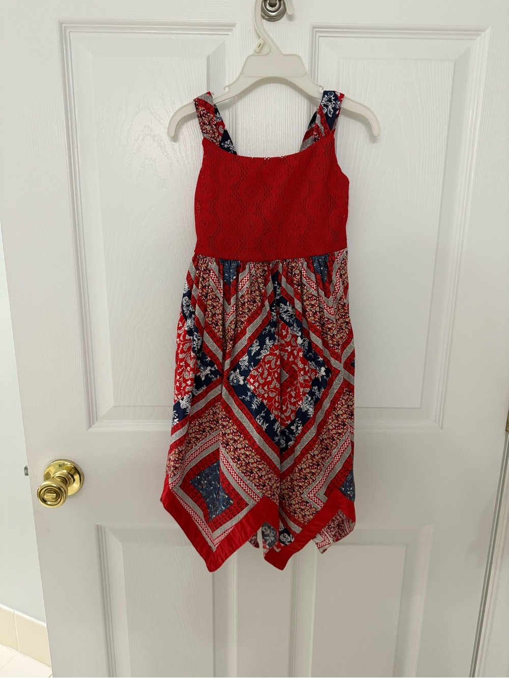 Blueberi Boulevard Red Patchwork Dress with Navy and White Accents